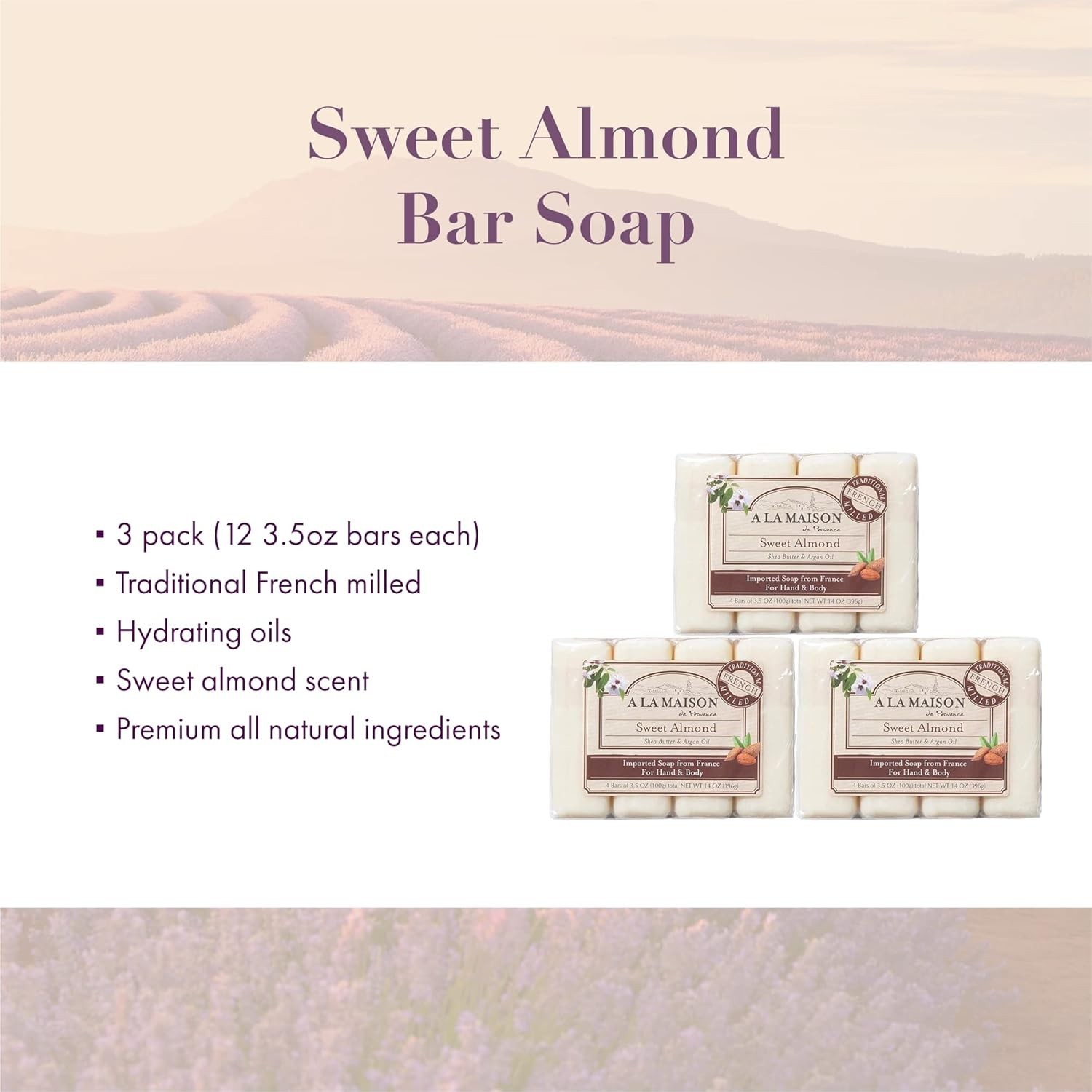 (3 pack) A LA MAISON Sweet Almond Bar Soap (12 Bars of Soap, 3.5 oz)
