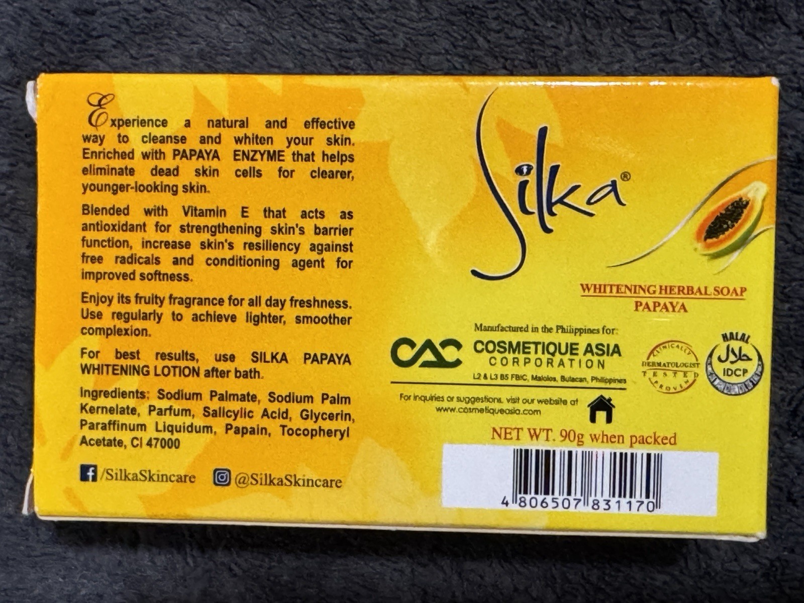 Silka Whitening Herbal Papaya Soap With Vitarich Actives 90 G Pack of 1 New!