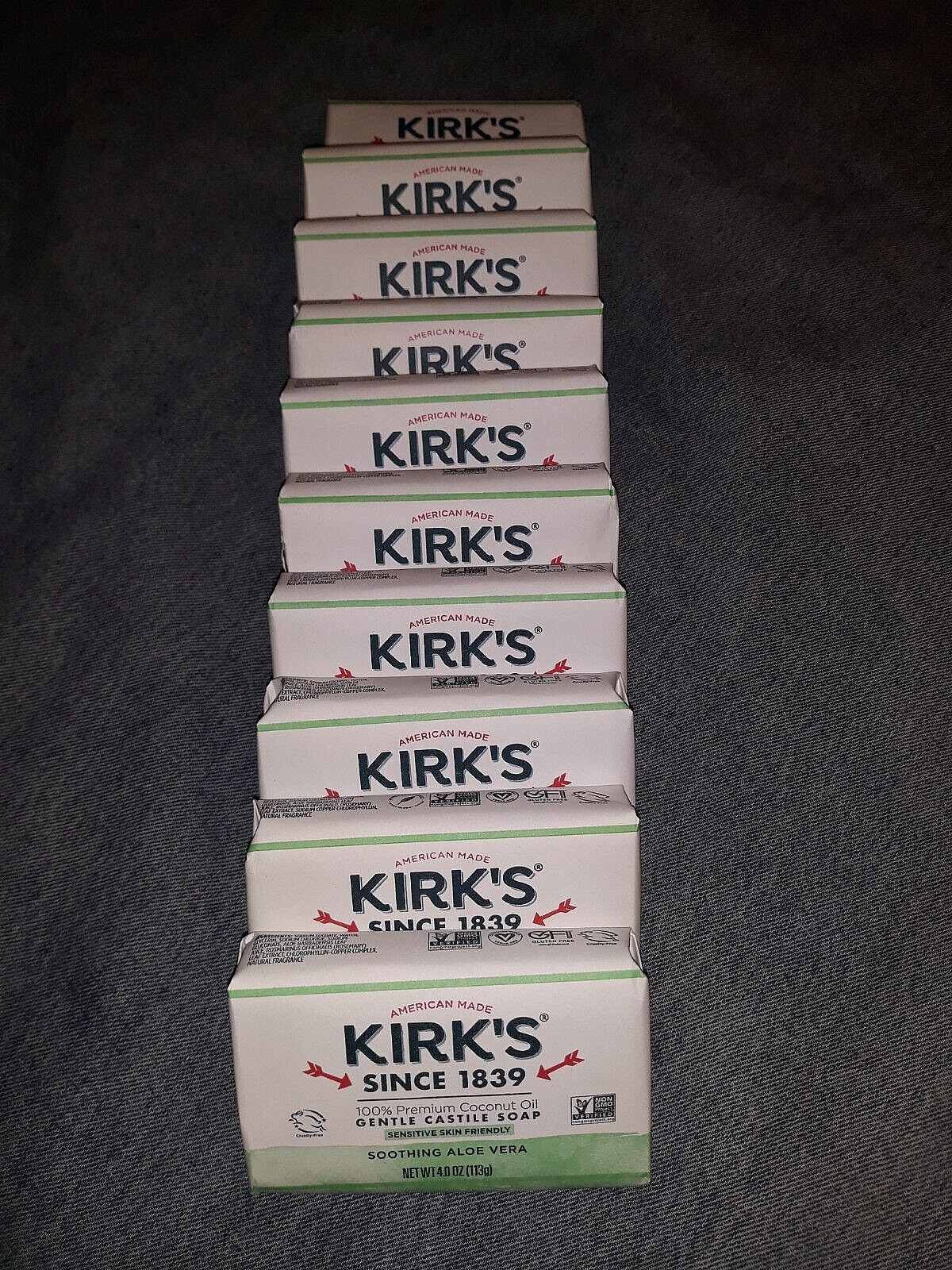 Kirk’s Original 100% Coconut Oil Castile Soothing Aloe Vera 4 Oz Soap Bars x10