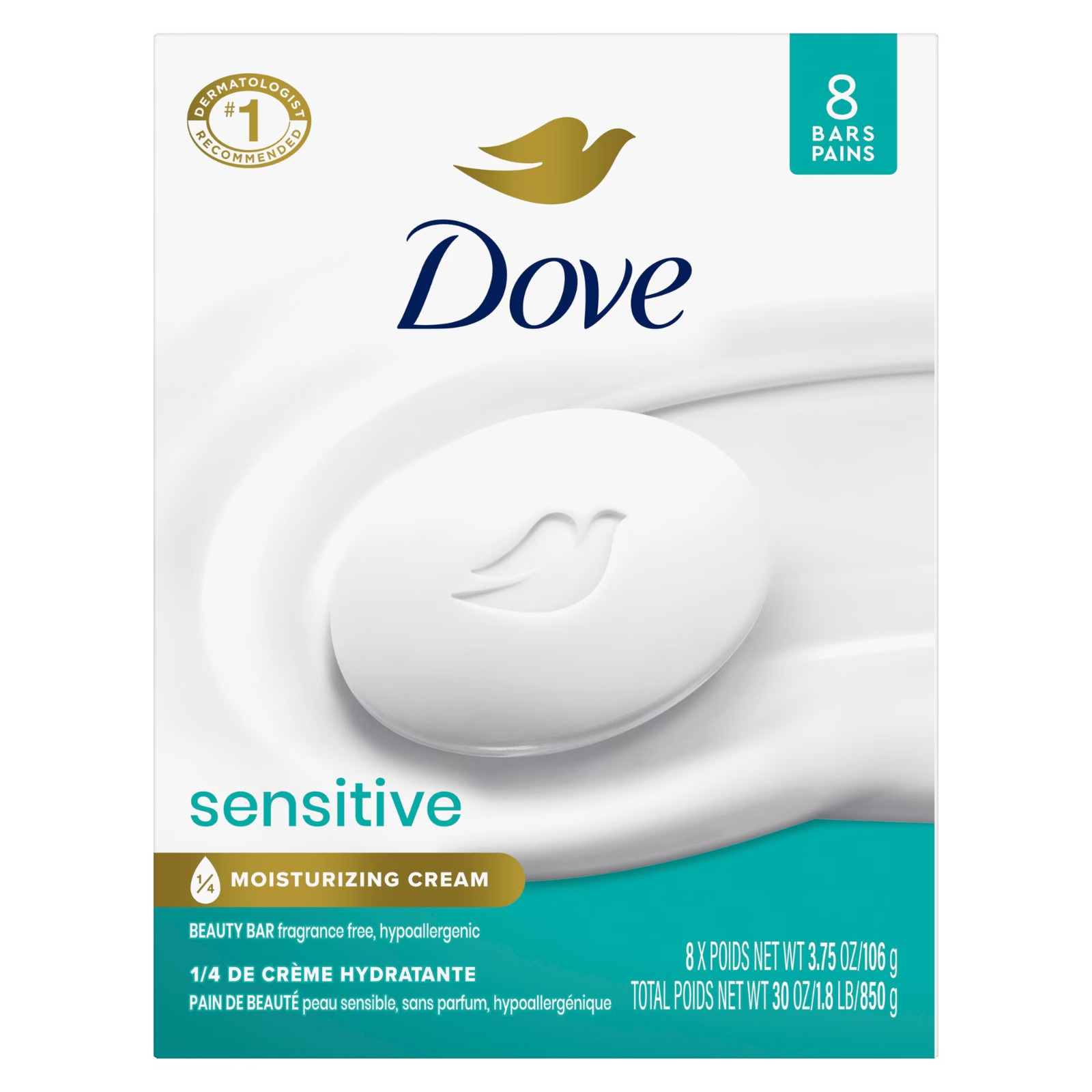 Dove Sensitive Skin Beauty Bar Soap 8 Pack Fragrance Free Hypoallergenic