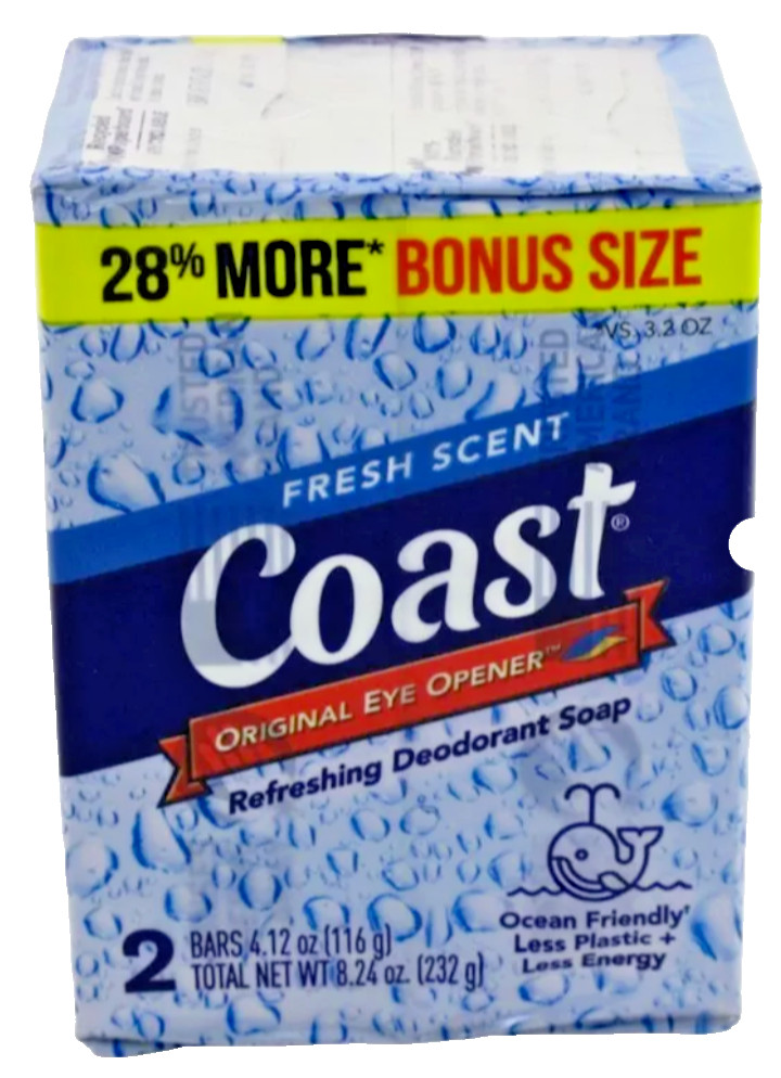 4 Packs Coast Refreshing Deodorant Soap Bar Fresh Scent, Original (8 Bars Total)