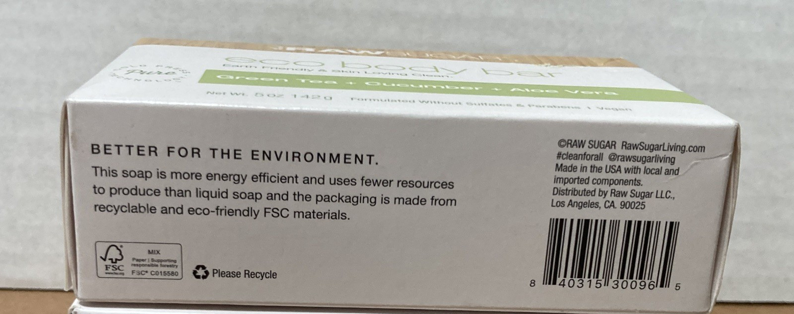 RAW SUGAR Eco Body Bar Green Tea, Cucumber & Aloe Vera, 5 oz. ea. NEW