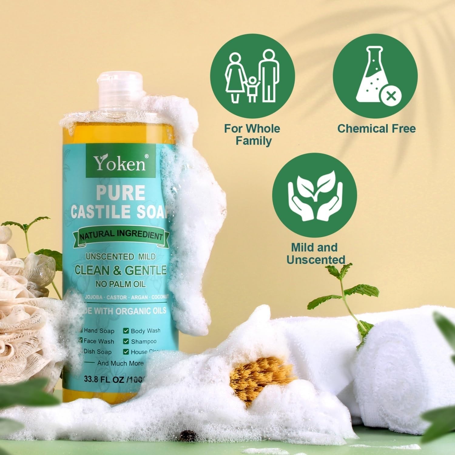 33.8 Oz Unscented Castile Soap with Organic Oils – Multi-Purpose Cleaner