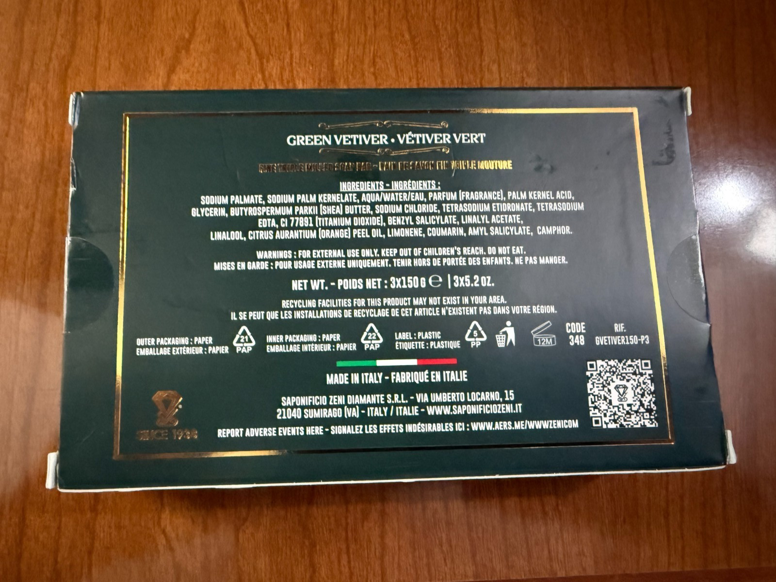 Saponificio Varesino Men’s Triple Milled Italian Luxury Soap Bars Green Vetiver