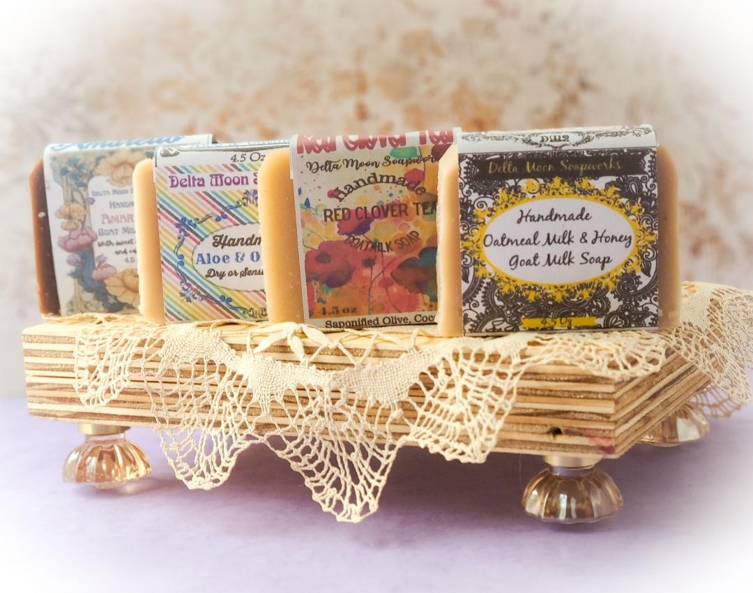 Four Handmade Oatmeal Goat Milk Soaps, natural cold process soap, + samples