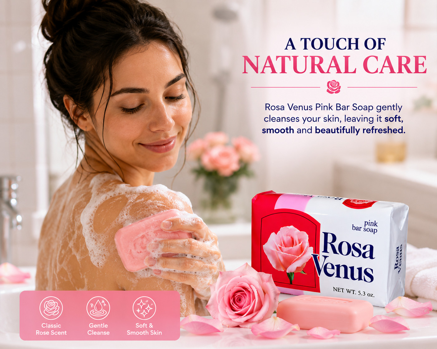 Rosa Venus Pink Bar Soap 5.3 oz Pack of 3 Gentle Cleansing Rose Scent