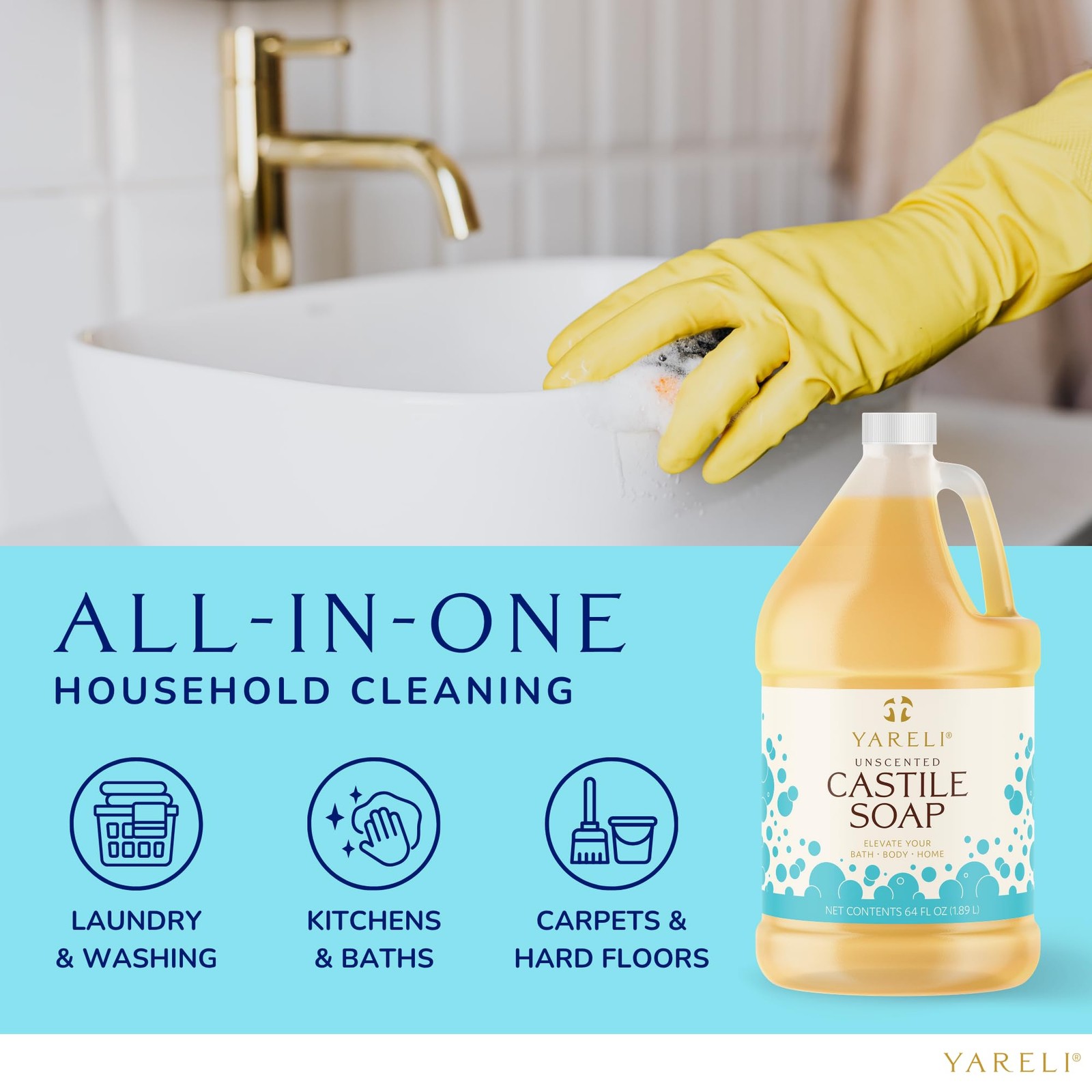 YARELI Pure Castile Soap Liquid Unscented 64oz – EWG 64 Fl Oz (Pack of 1)