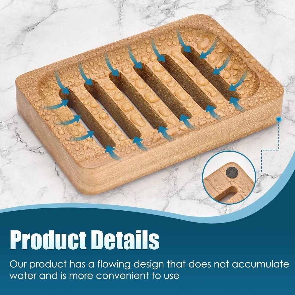 Teak Wood Soap Dish, 2 Pack Waterproof Self Draining Soap Dish – Natural Wooden