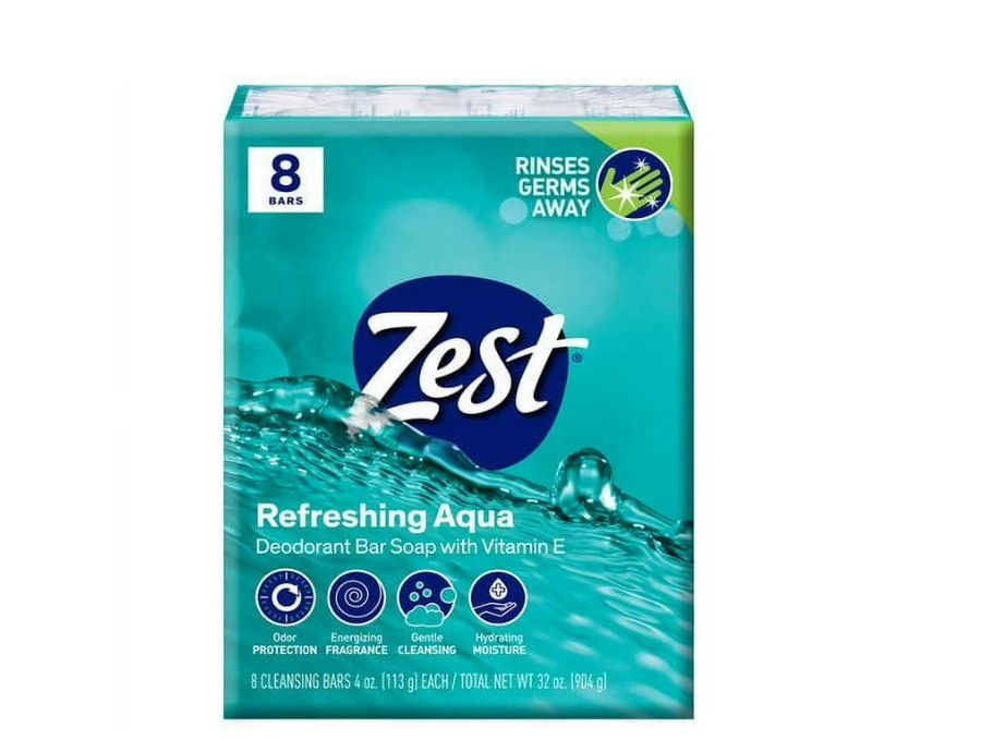 Zest Deodorant Bar Soap, Hydrating Moisture for All Skin Types, Aqua, 4 oz, 4PK