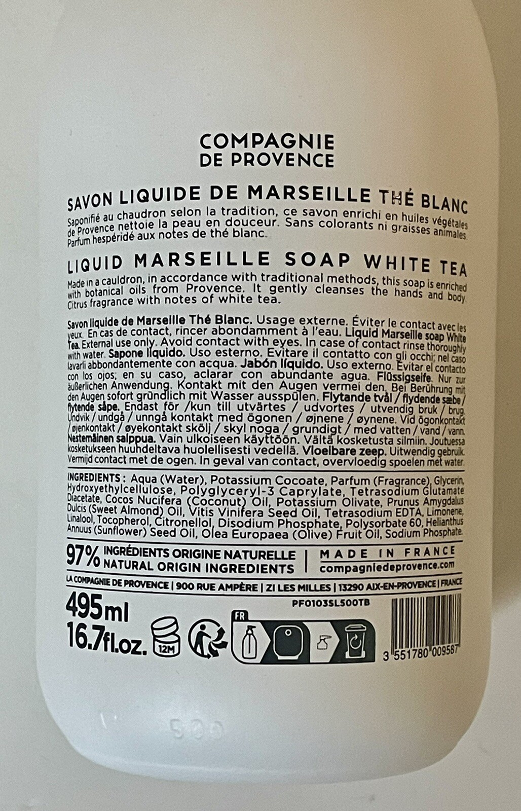 SAVON LIQUIDE DE MARSEILLE THE BLANC SOAP WHITE TEA GLASS PUMP BOTTLE 16.7 OZ
