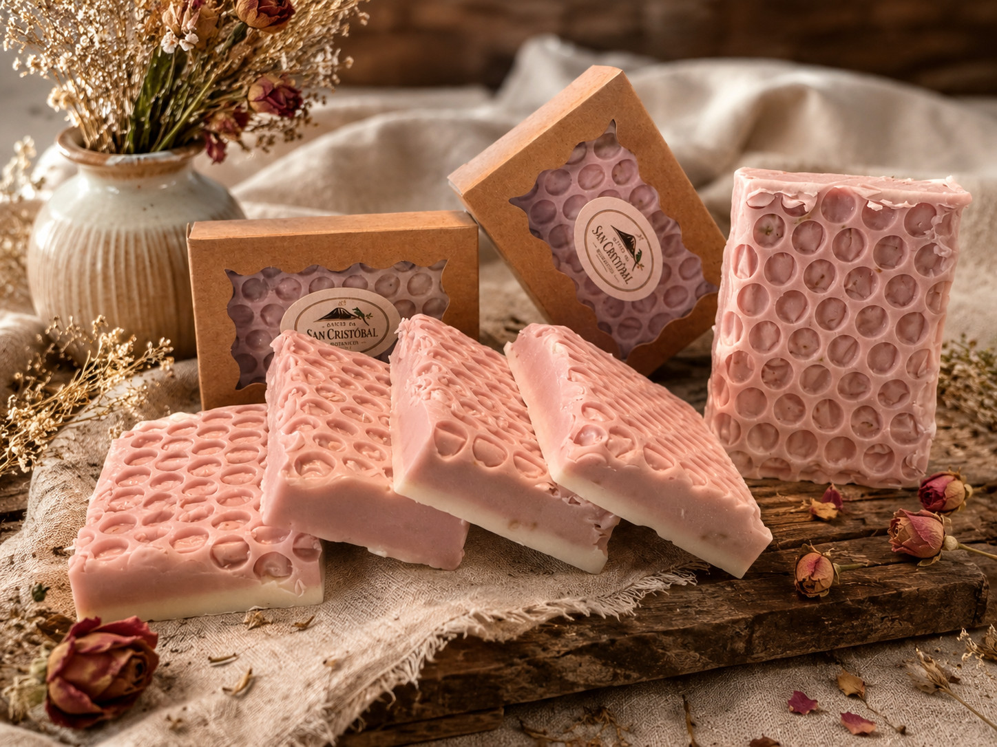 4 PACK Lavender Rose Honeycomb Cocoa Butter Soap Bars + FREE Lip Gloss Tin