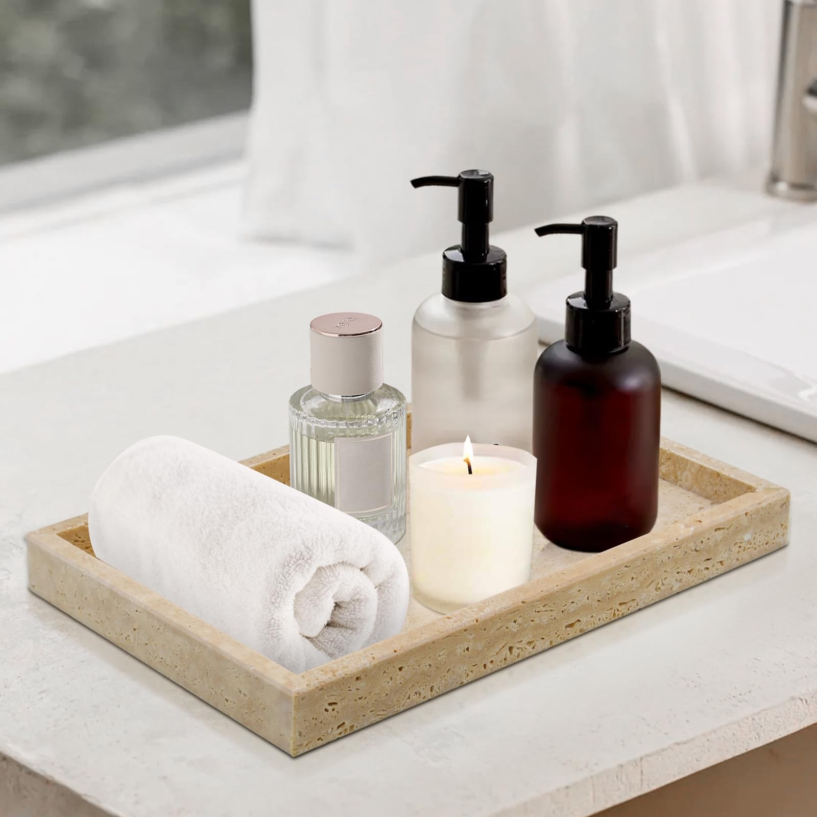 MULWR Travertine Tray,Bathroom Vanity Tray Non-Ceramic/Non-Resin,Marble Perfume