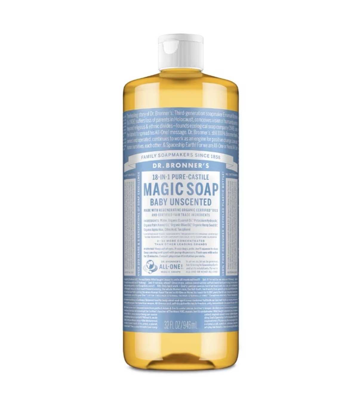 Dr. Bronners Magic Pure Castile Liquid Soap Bodywash – Baby Unscented – 32 fl oz