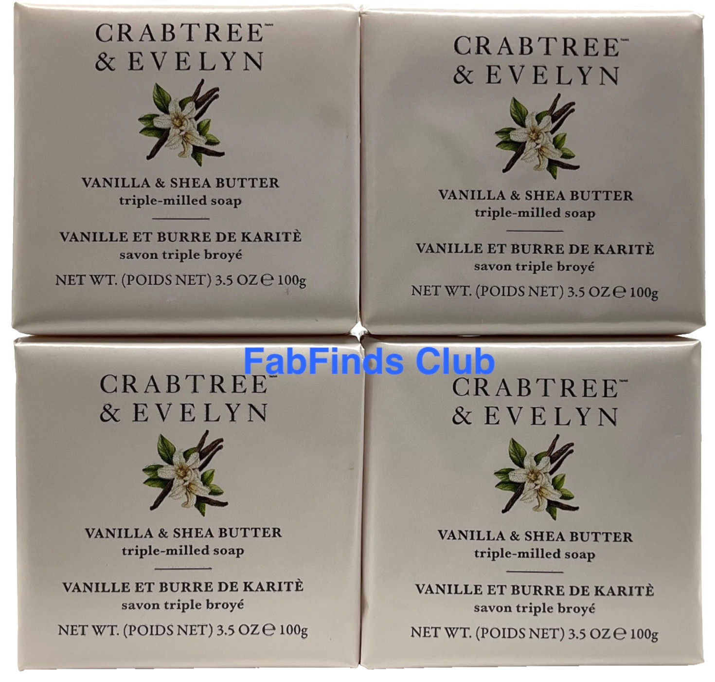 Crabtree & Evelyn Vanilla & Shea Butter Bar Soap Triple Milled 4×3.5oz