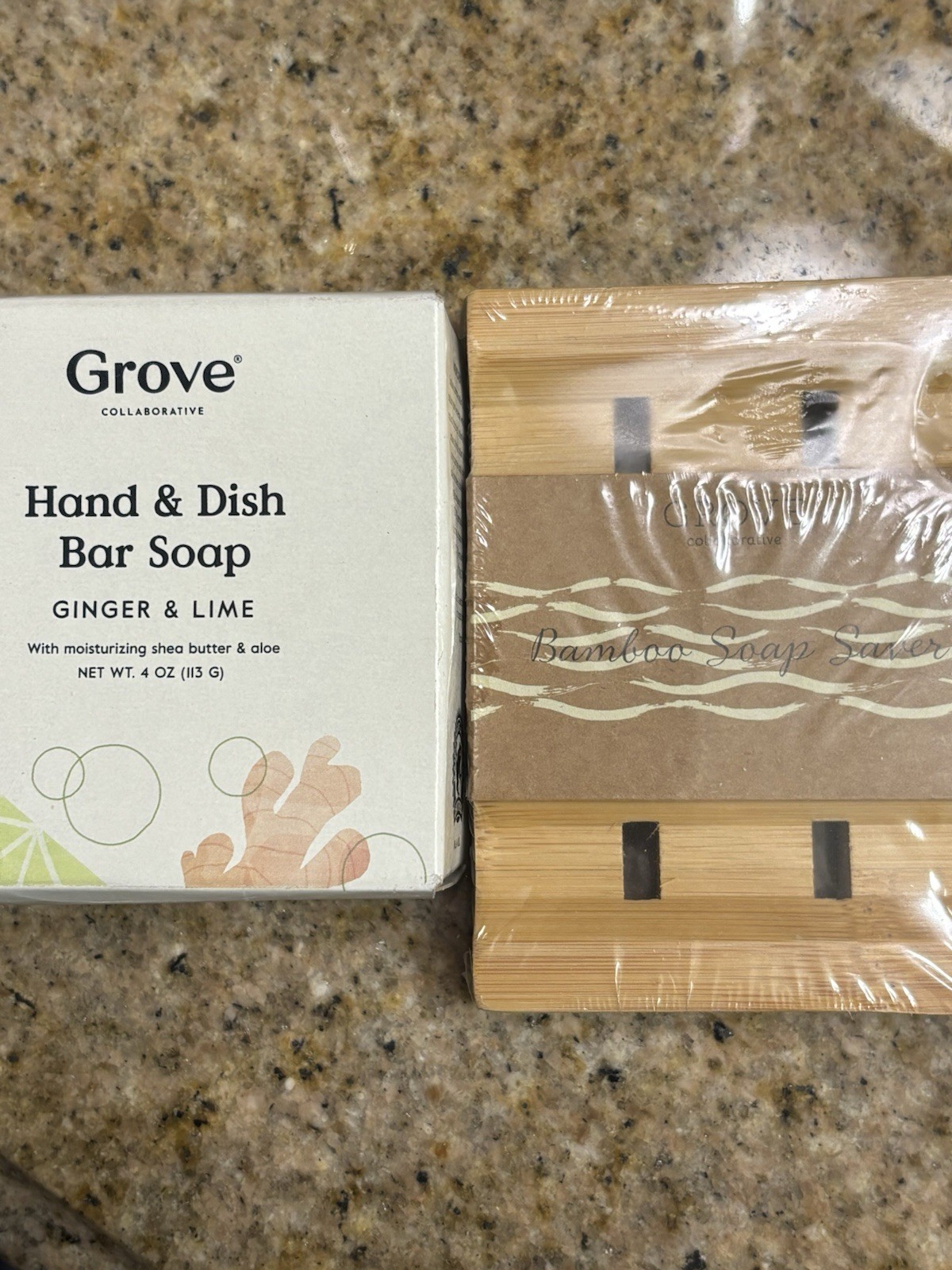 Bamboo Soap Saver & Ginger & Lime Soap By Grove, NEW