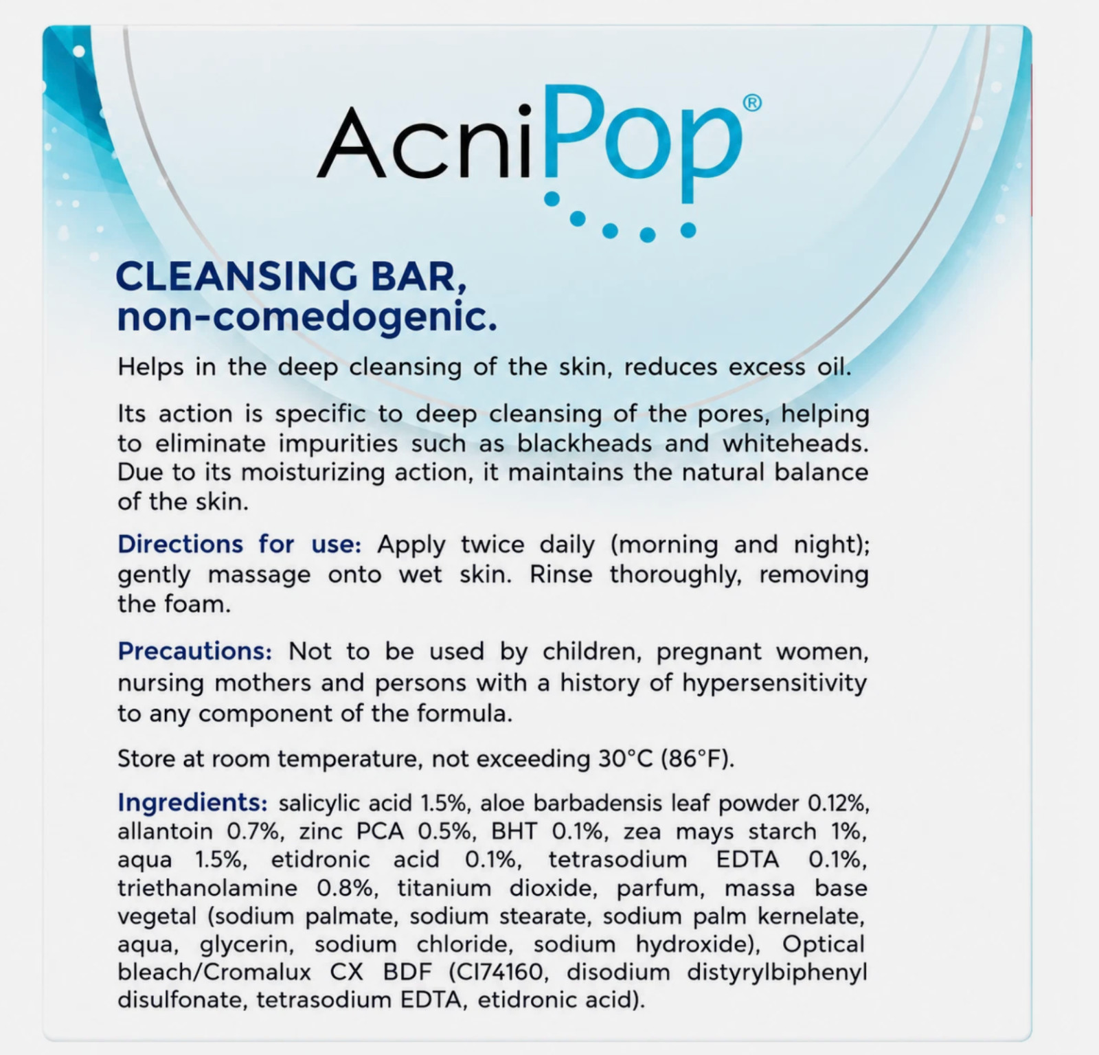 AcniPop Cleansing Bar with Aloe Vera Non-Comedogenic 90g