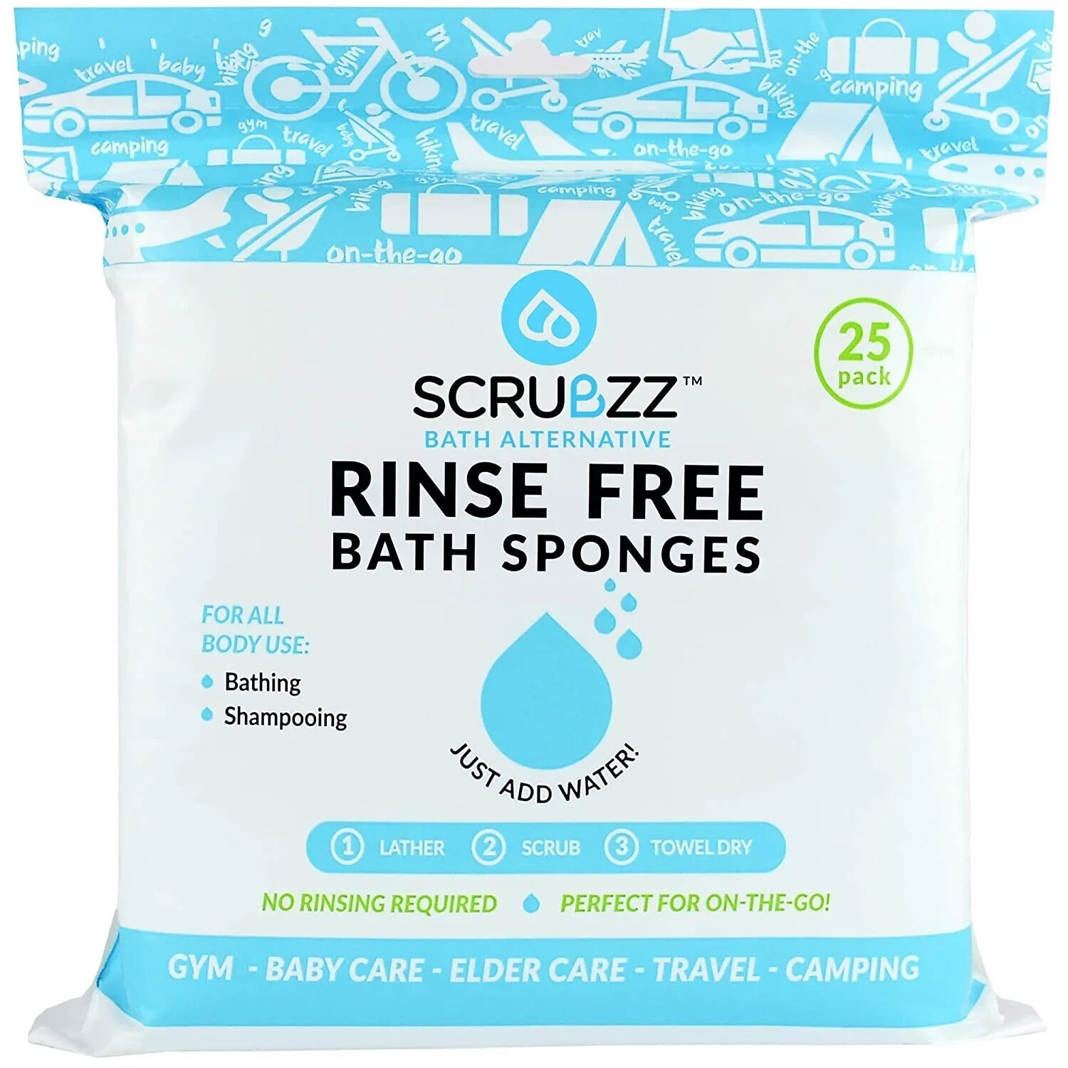 Scrubzz Disposable Rinse Free Bathing Wipes – 25 Pack All-in-1 Single Use Shower