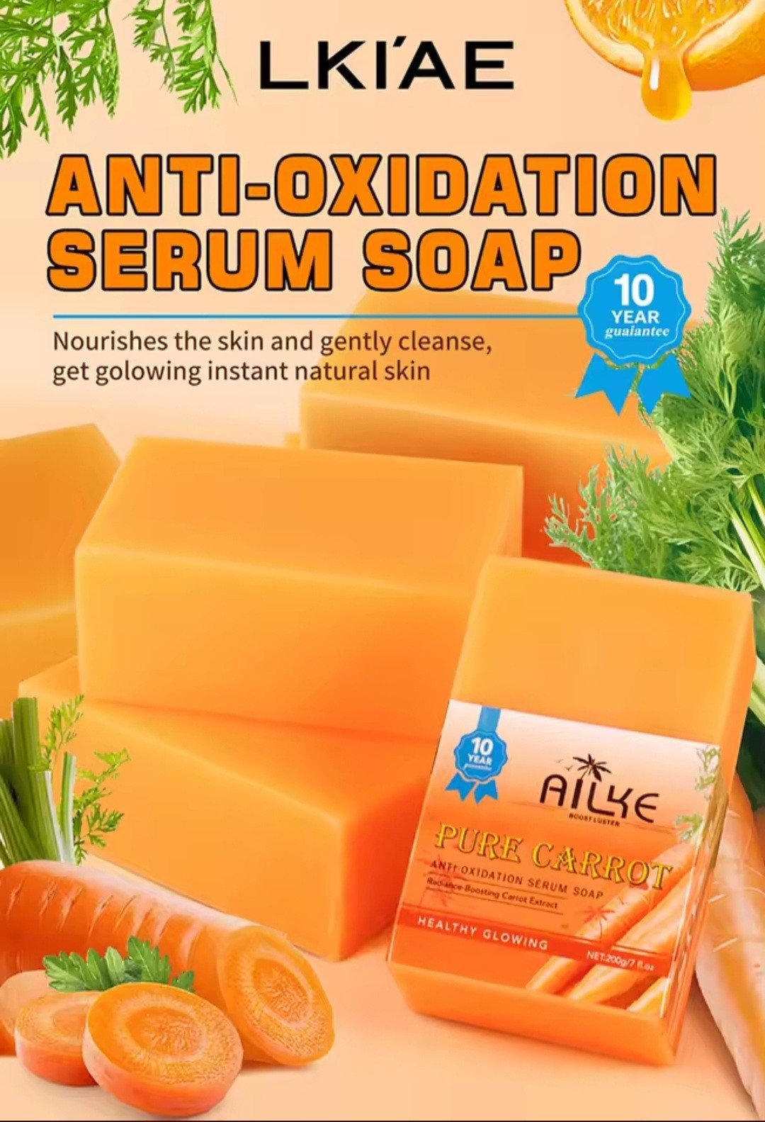 AILKE Pure Carrot Serum Soap Bar Moisturizing Deep Cleansing 200g Face/Body