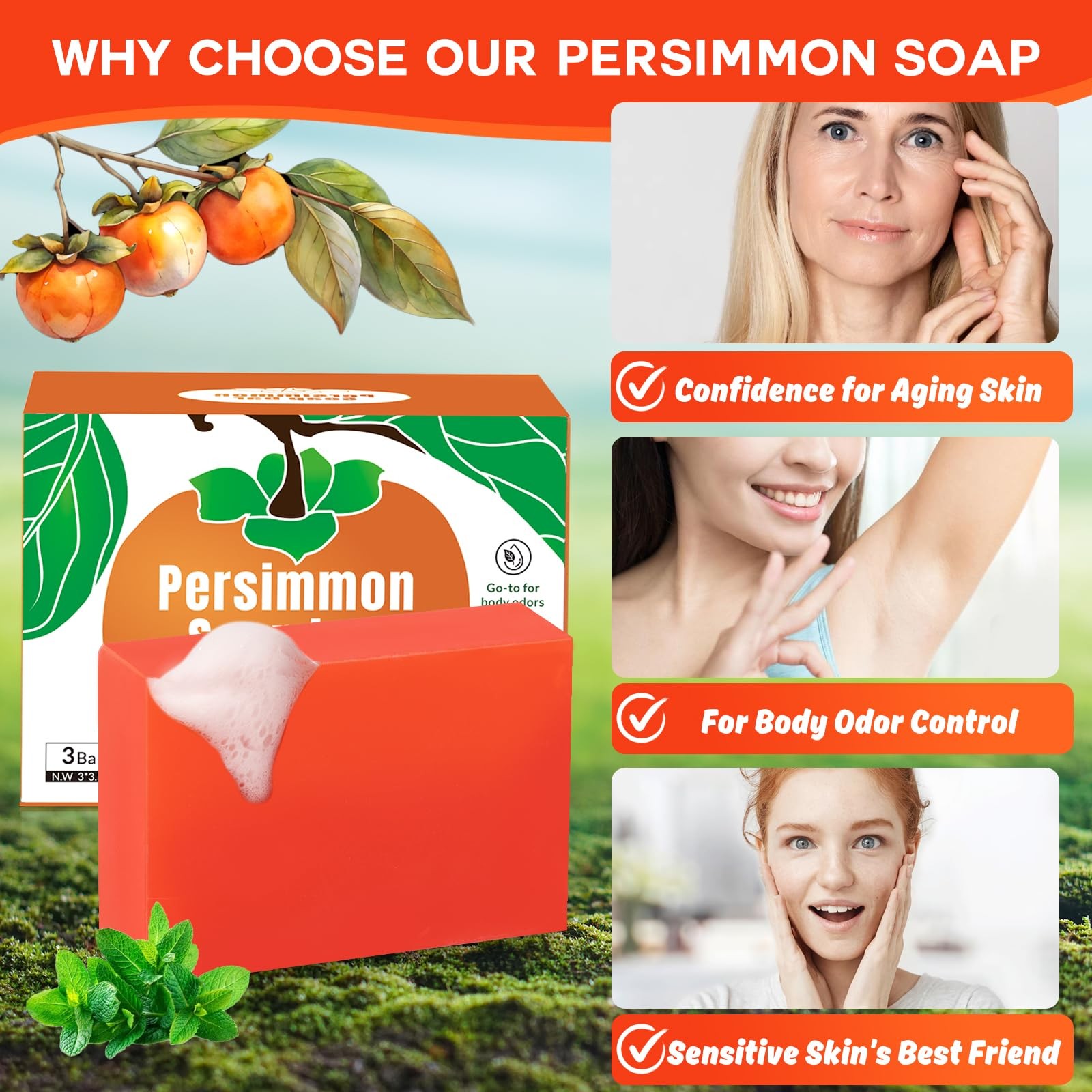 3 PCS Persimmon Soap Bar for Body Odor Control, Natural Body Bar Soap for Old…