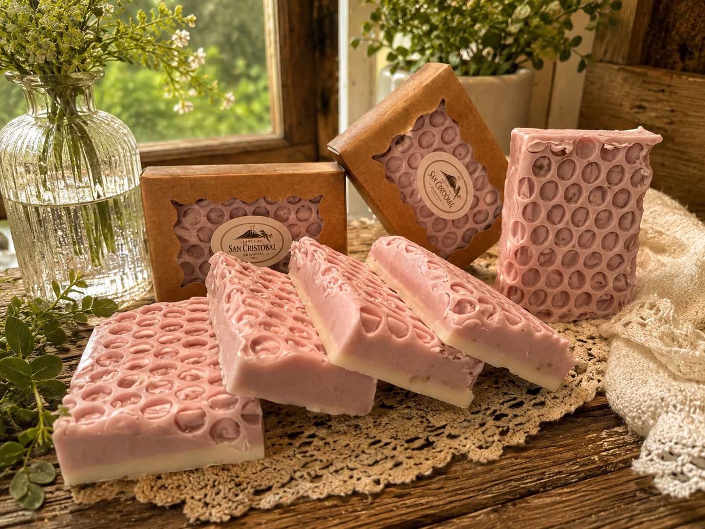 4 PACK Lavender Rose Honeycomb Cocoa Butter Soap Bars + FREE Lip Gloss Tin