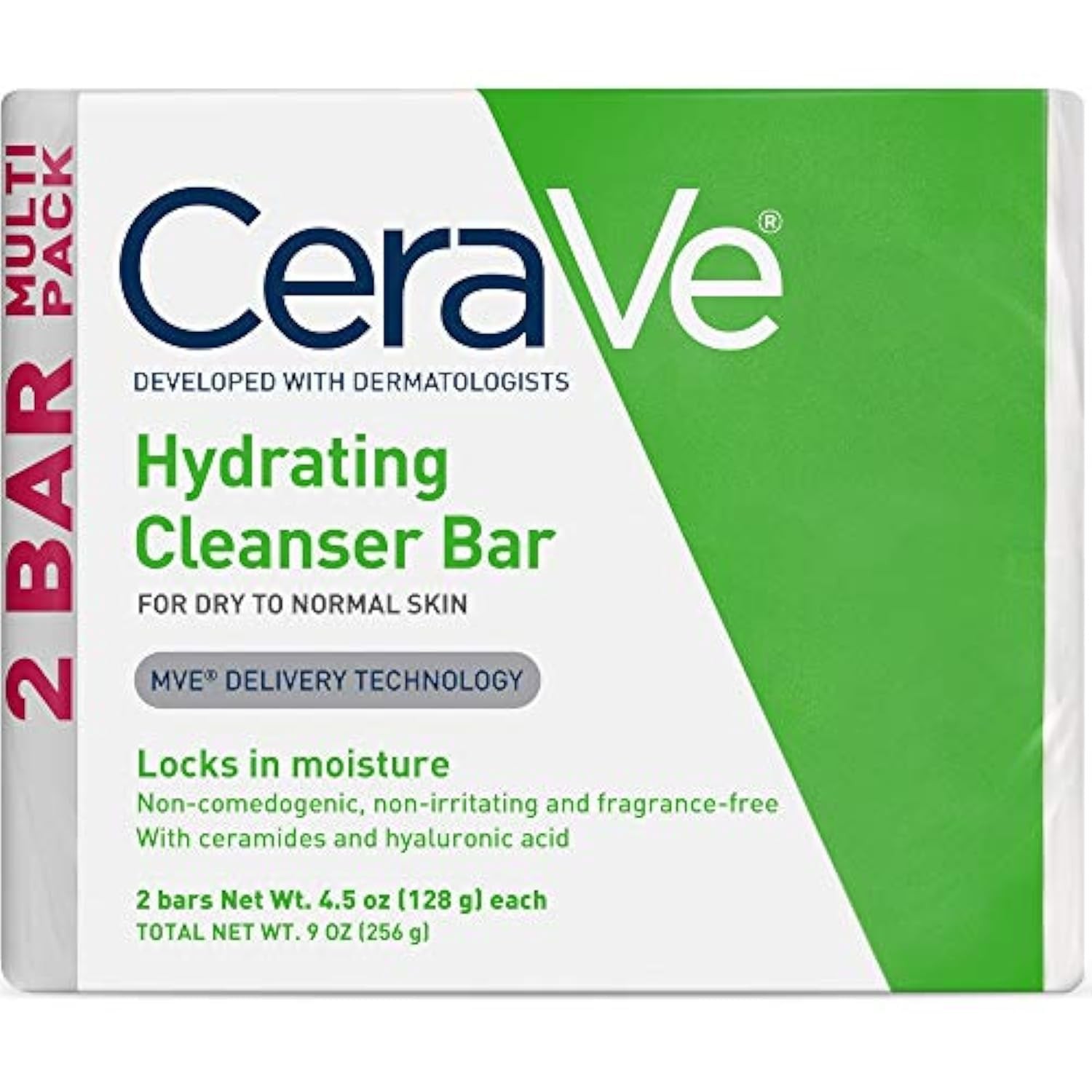 CeraVe Hydrating Cleanser Bar, Soap-Free 4.5 Ounce (Pack of 2), GREEN WHITE