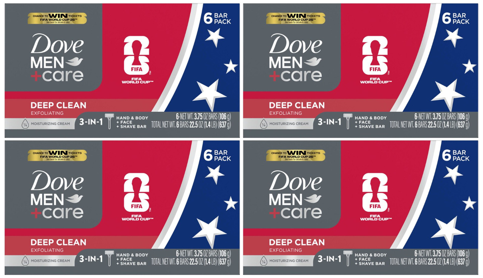 Dove Men +Care FIFA Edition DEEP CLEAN Exfoliating Bar Soap, 6Ct-Lot of 4=24Bars