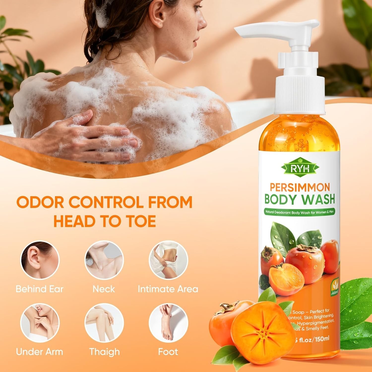 RYH Persimmon Body Wash for Body Odor Control – Natural Deodorant Soap for Elimi