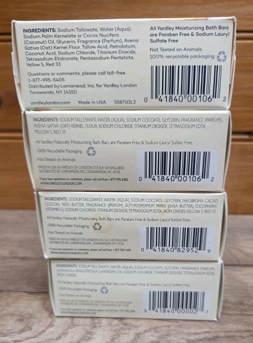 New Lot of 4 Yardley London Bar Soap Cocoa Butter, Lavender Oatmeal & Almond