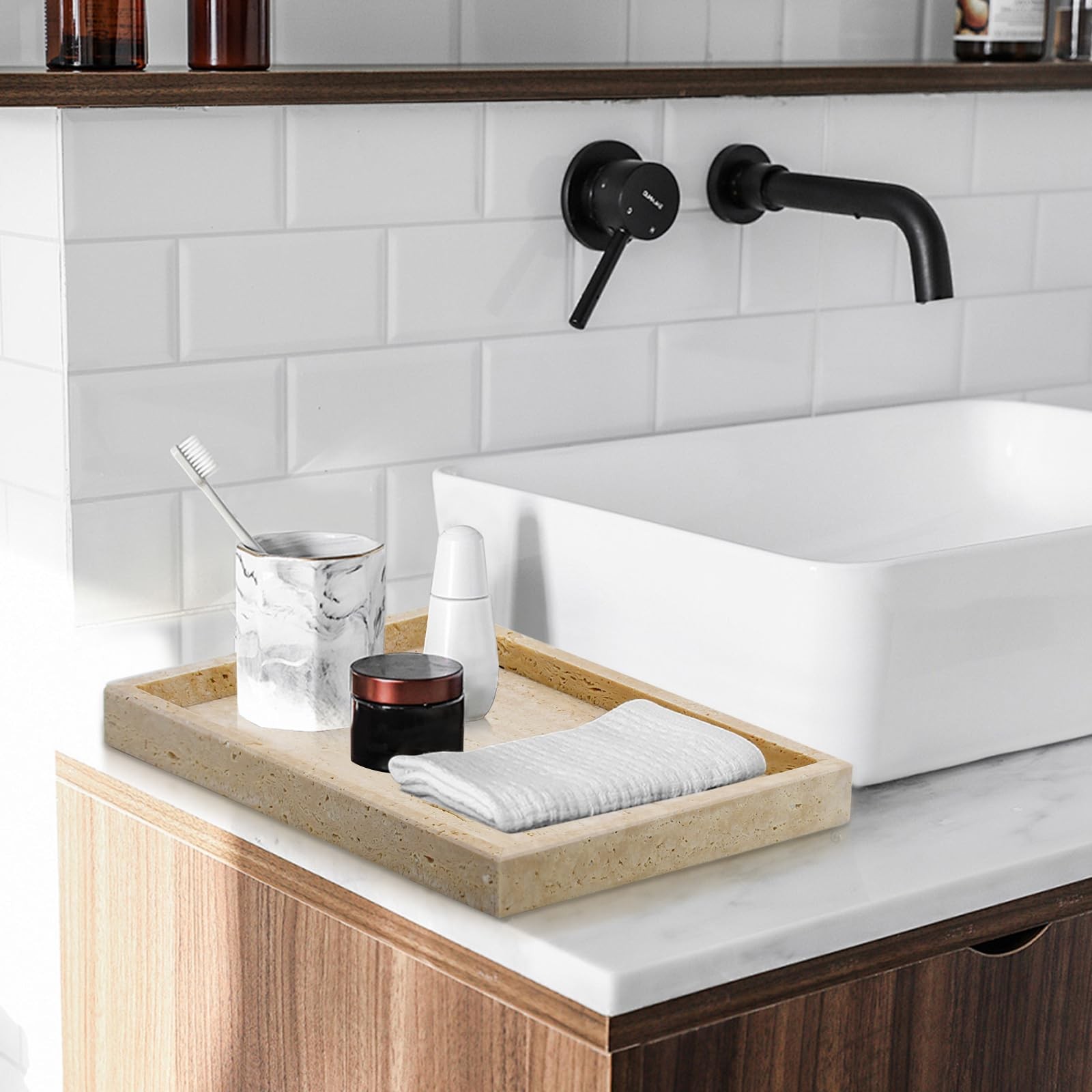 MULWR Travertine Tray,Bathroom Vanity Tray Non-Ceramic/Non-Resin,Marble Perfume