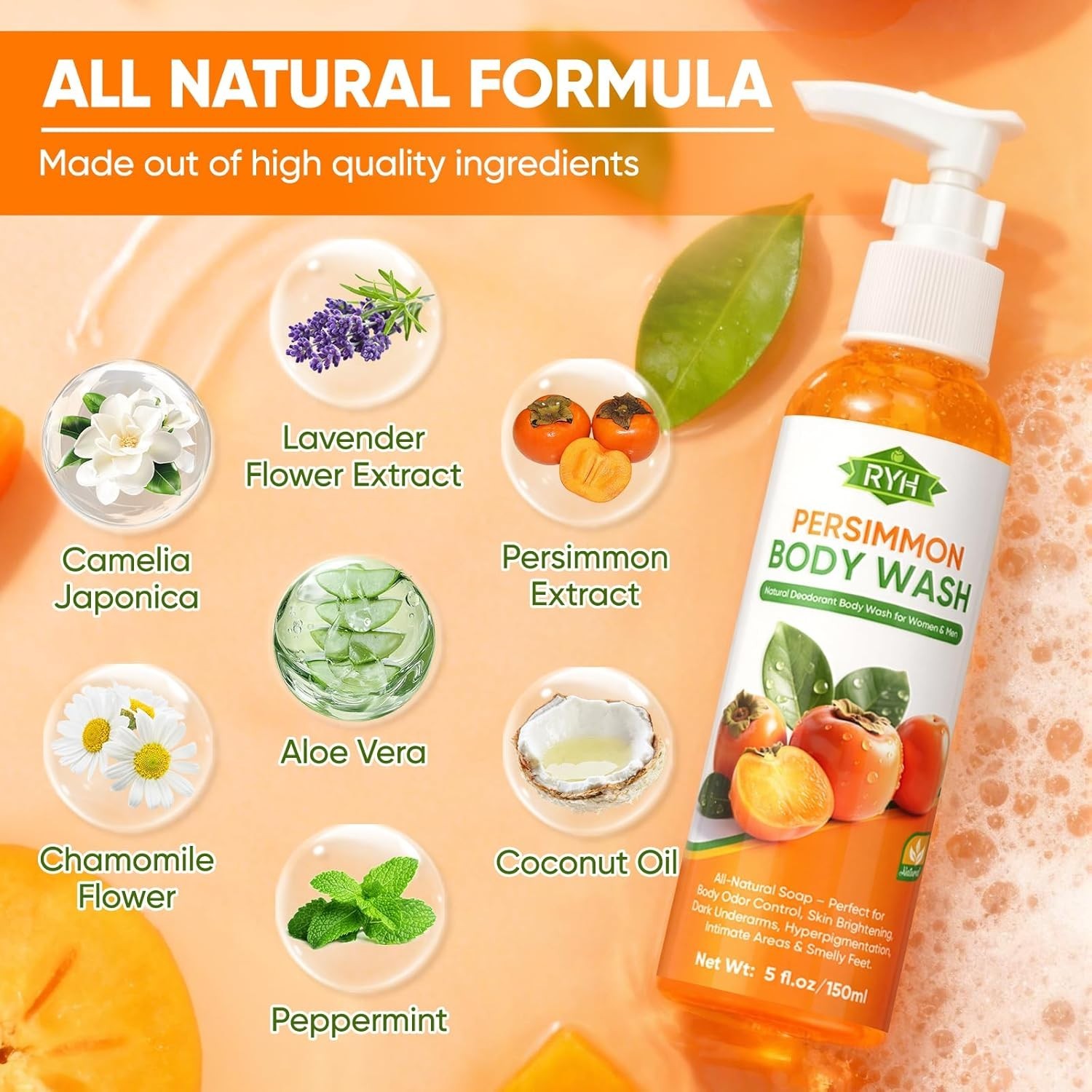 RYH Persimmon Body Wash for Body Odor Control – Natural Deodorant Soap for Elimi