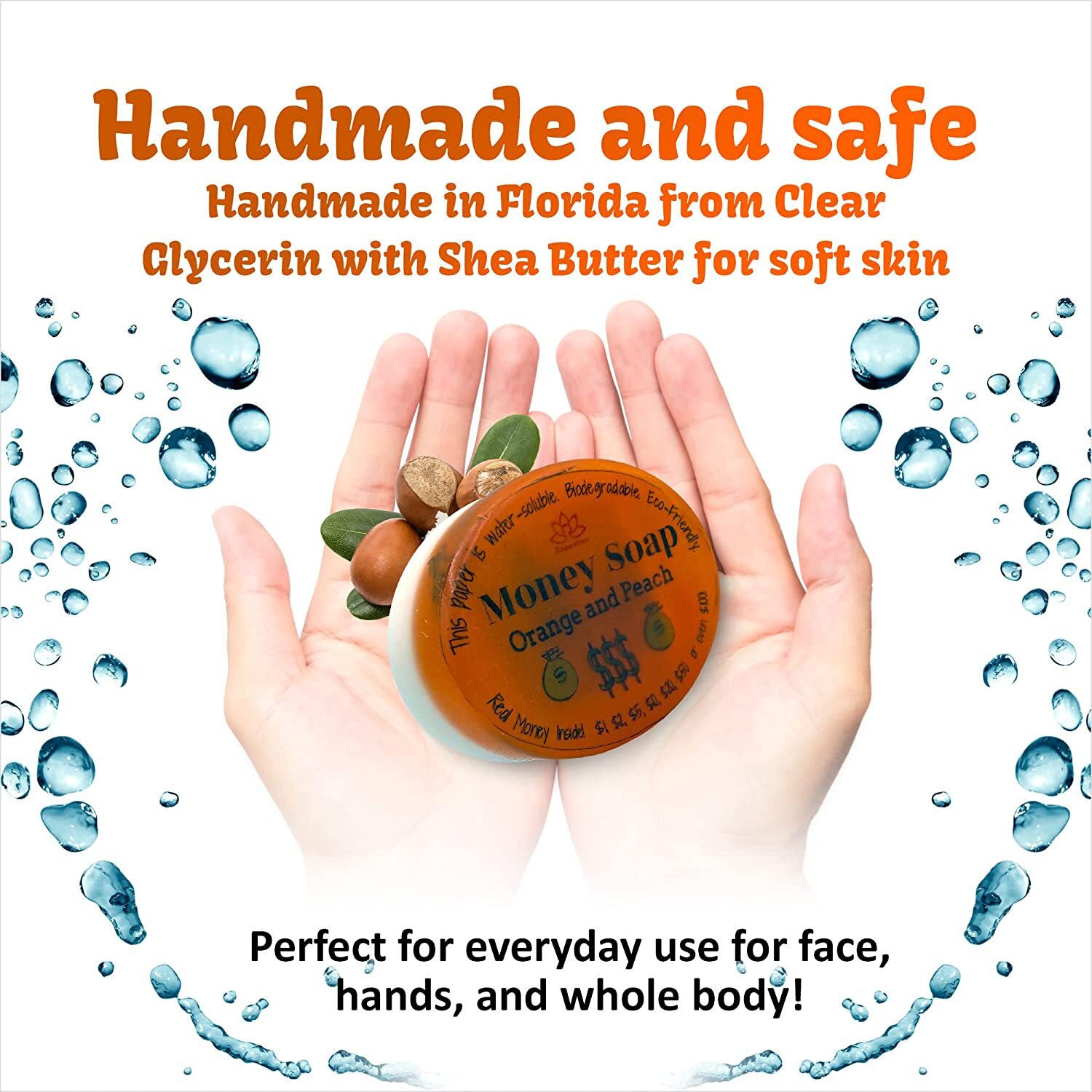 1 Glycerin Soap Bar with Real Money Inside with Cash Gift inside Orange & Peach