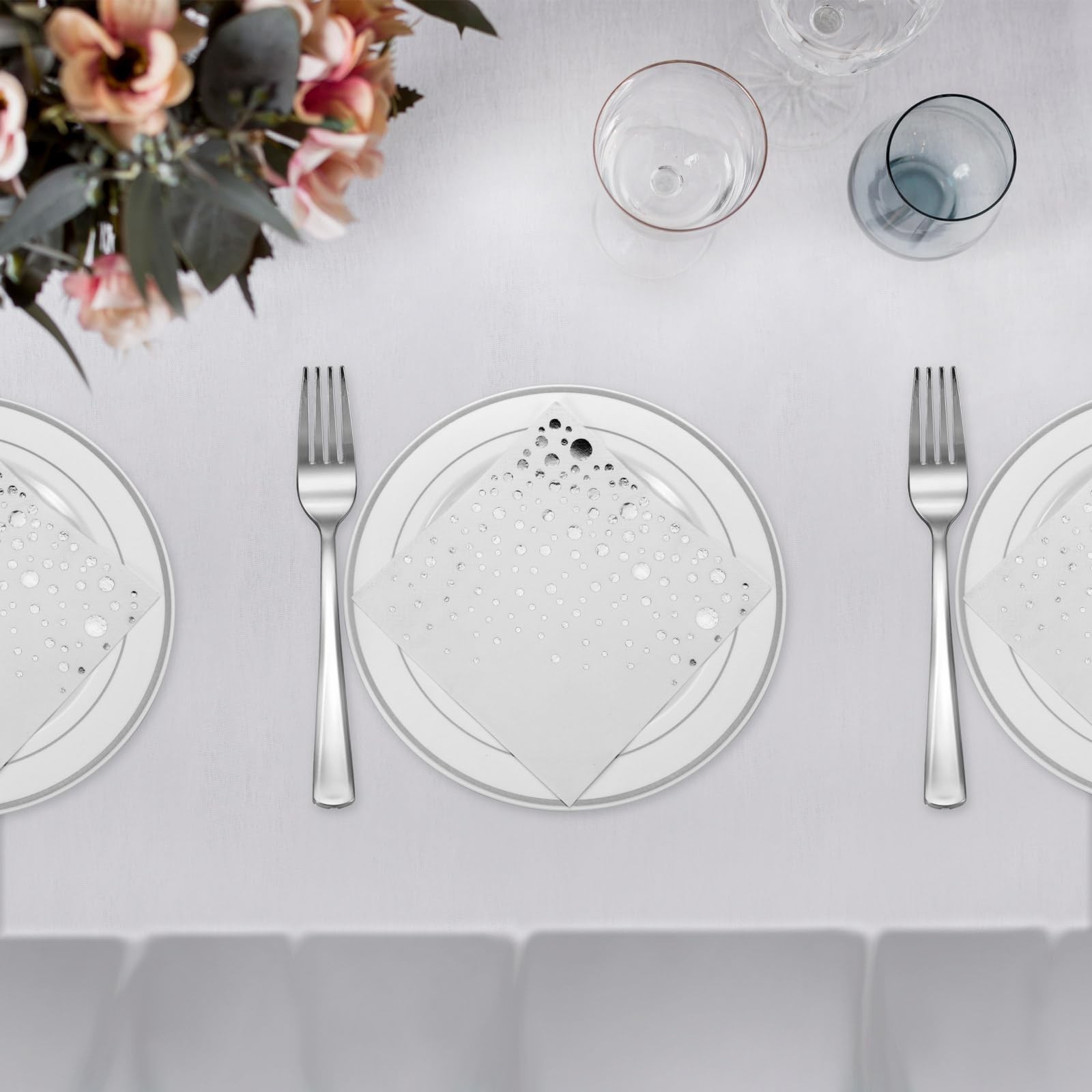 Stylish 7.5 Inch White and Silver Plastic Plates, Disposable Forks and Cockta…