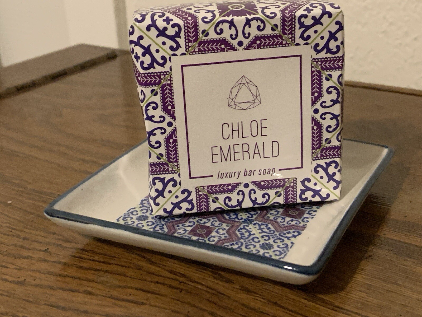 Chloe Emerald Emery Soap Dish Set, with soap, fresh linen