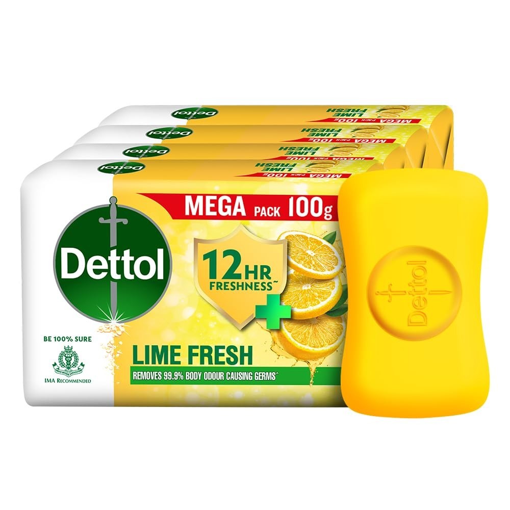 Dettol Lime Fresh (Lime Cool) Bathing Soap Bar 12hr Freshness, 100gm Pack of 4