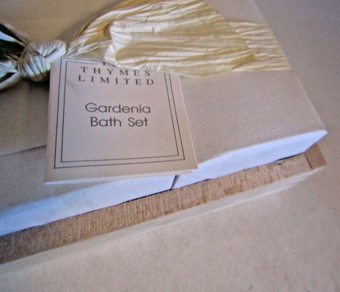 Gardenia Perfumed Soap and Bath Salts Set By The Thymes Limited in Wooden Tray