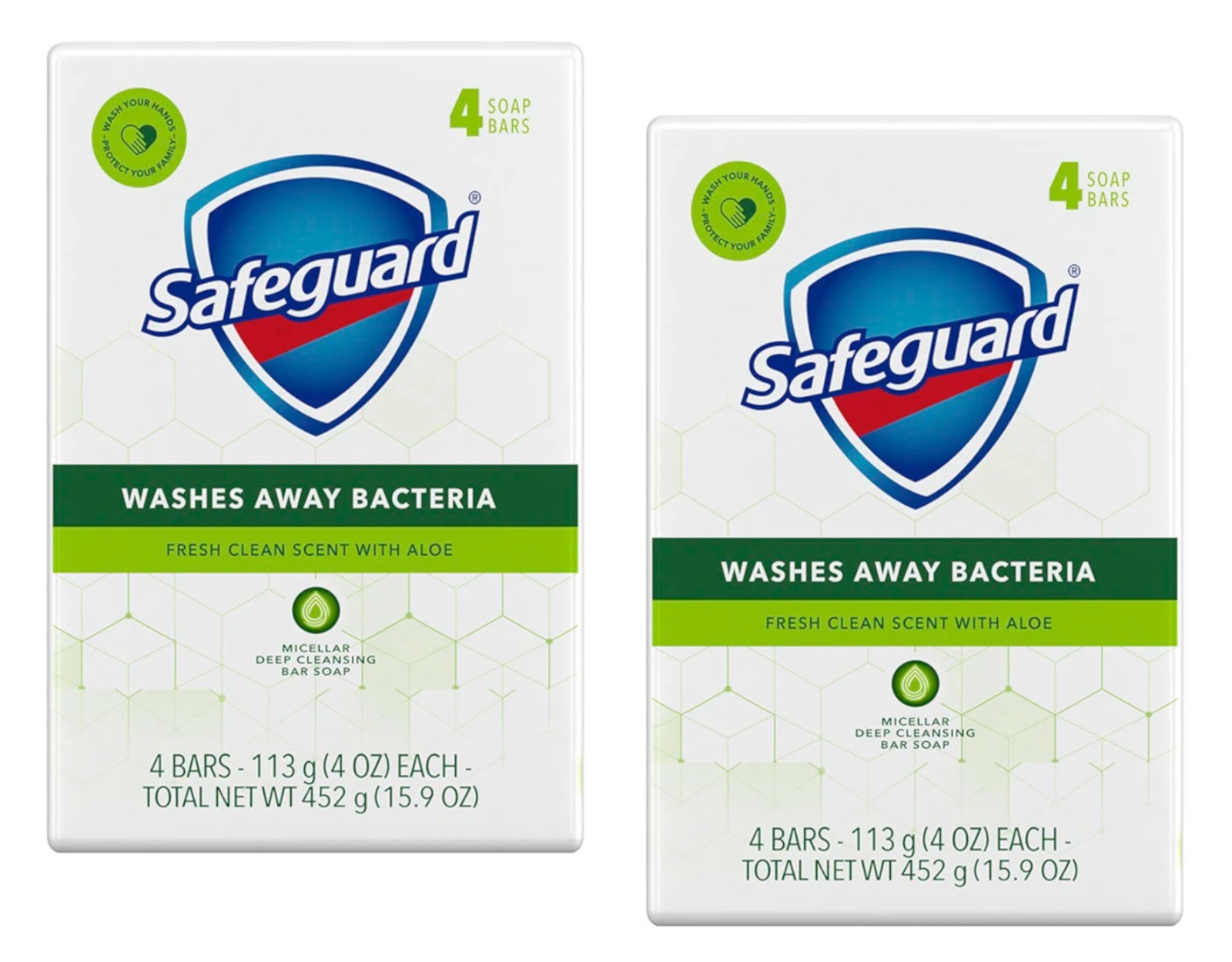 Safeguard Aloe Vera Antibacterial Deodorant Bar Soap 4Oz. 4 Count – Pack of 2