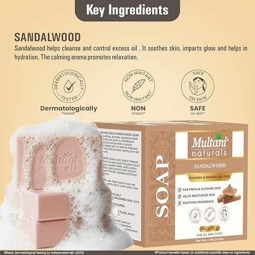 Multani Sandalwood Ayurvedic Soap 125g Pack of 3 Hydrating Body Bars FS