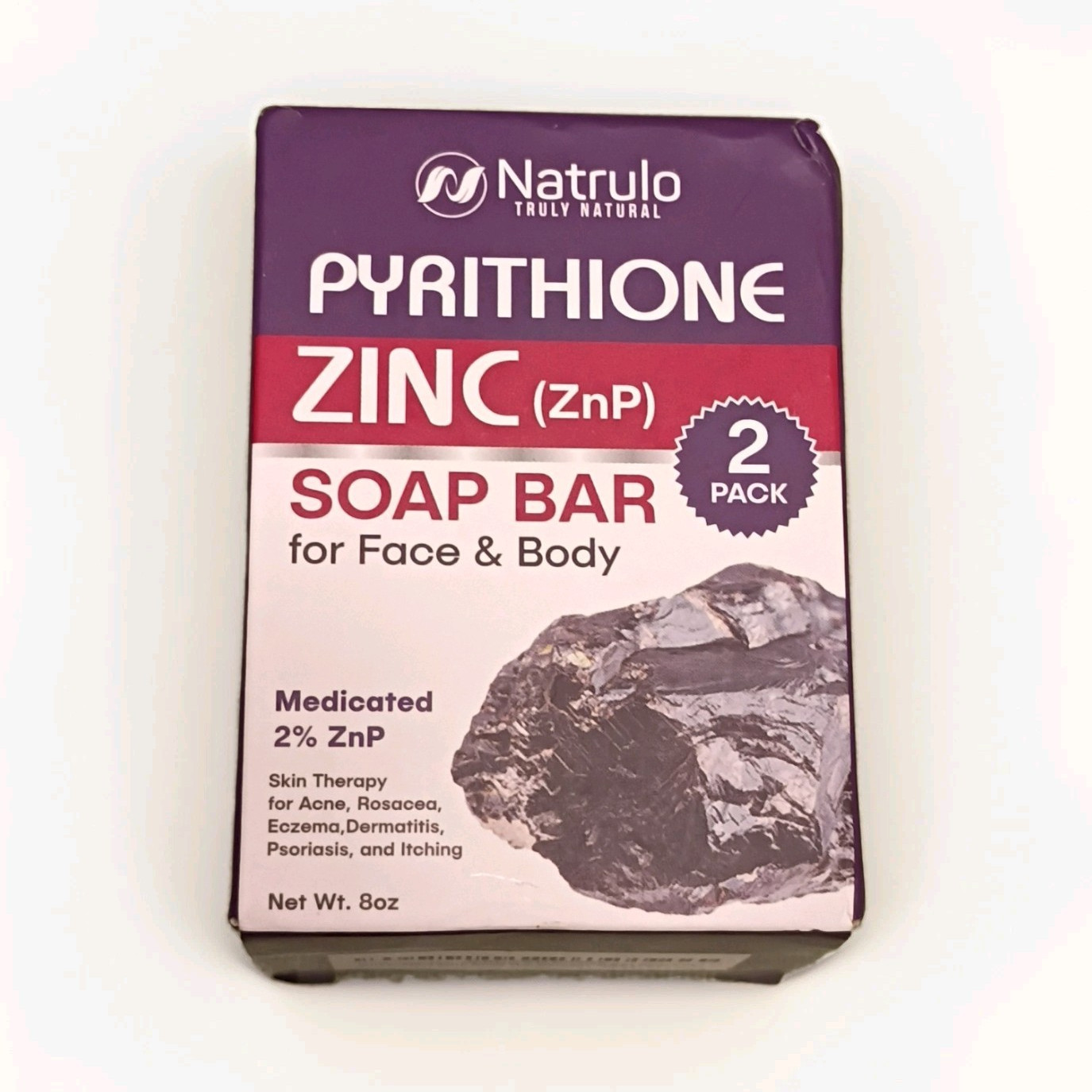 Natrulo Pyrithione Zinc Medicated Zinc Soap Bar for Face & Body, 2-Pack 8 oz