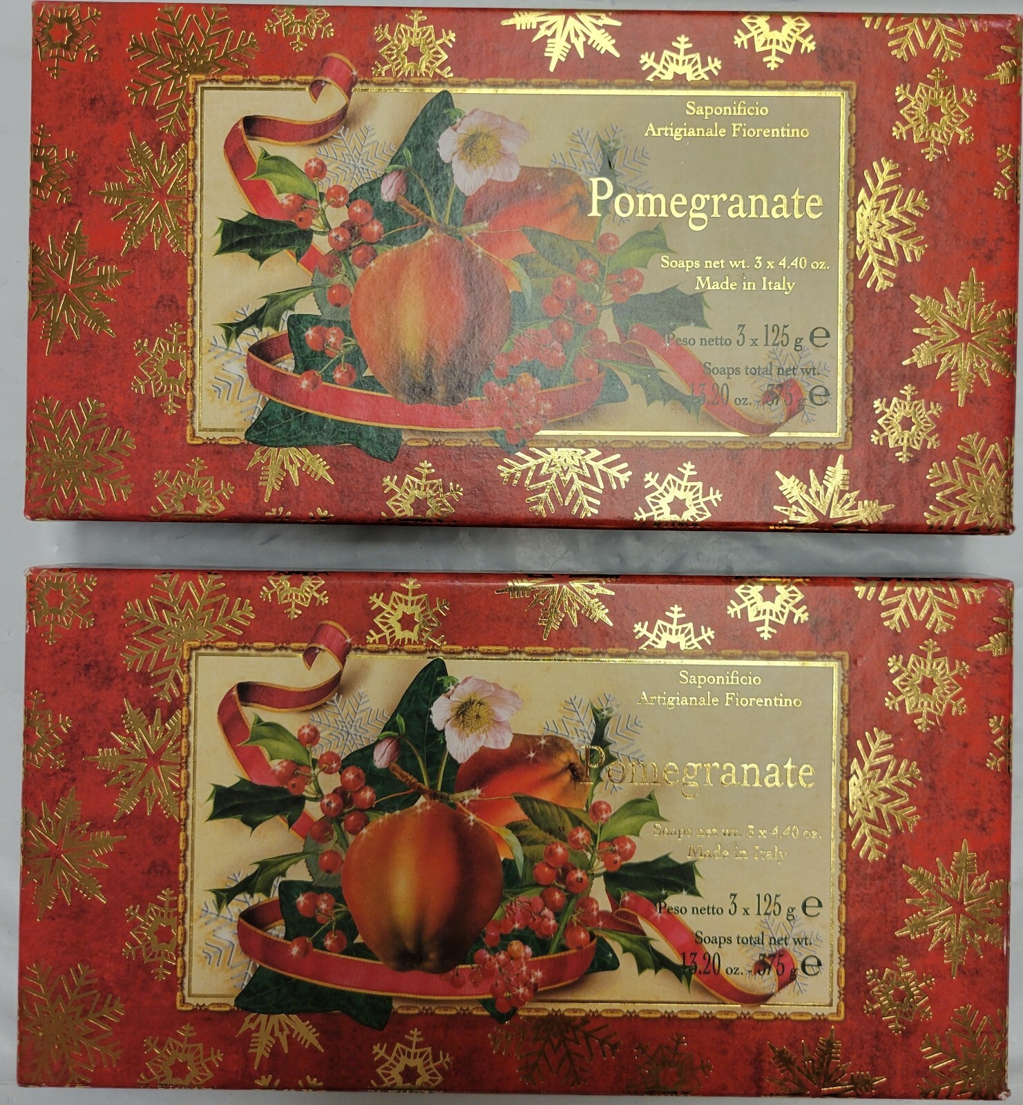 2x Saponificio SAF 3pk Pomegranate Scented Bar Soap 4.4 Oz Christmas Box Tuscany
