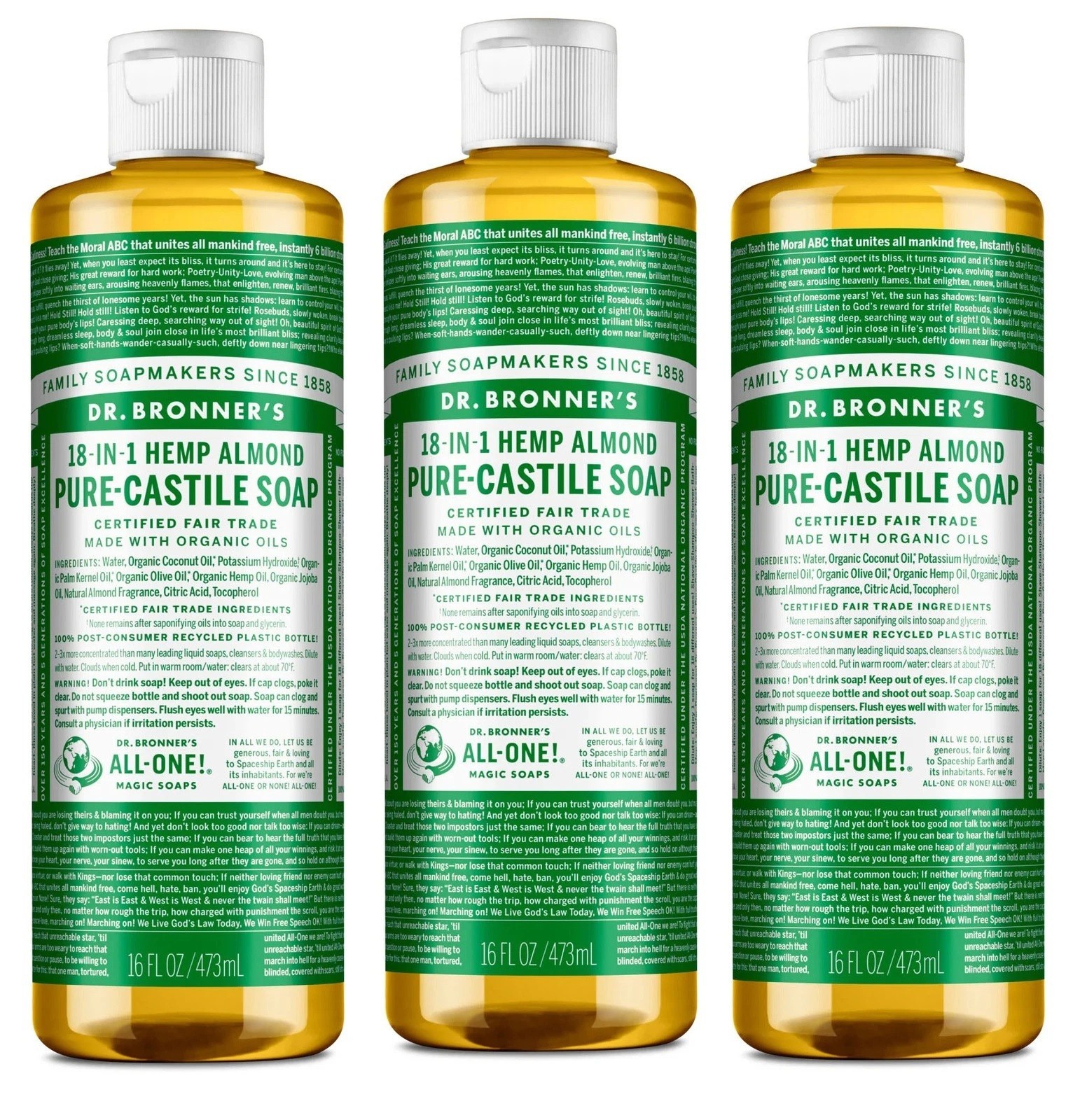 Dr Bronner’s 18-In-1 Hemp Almond Pure-Castile Soap 16fl oz ****VALUE 3 PACK*****