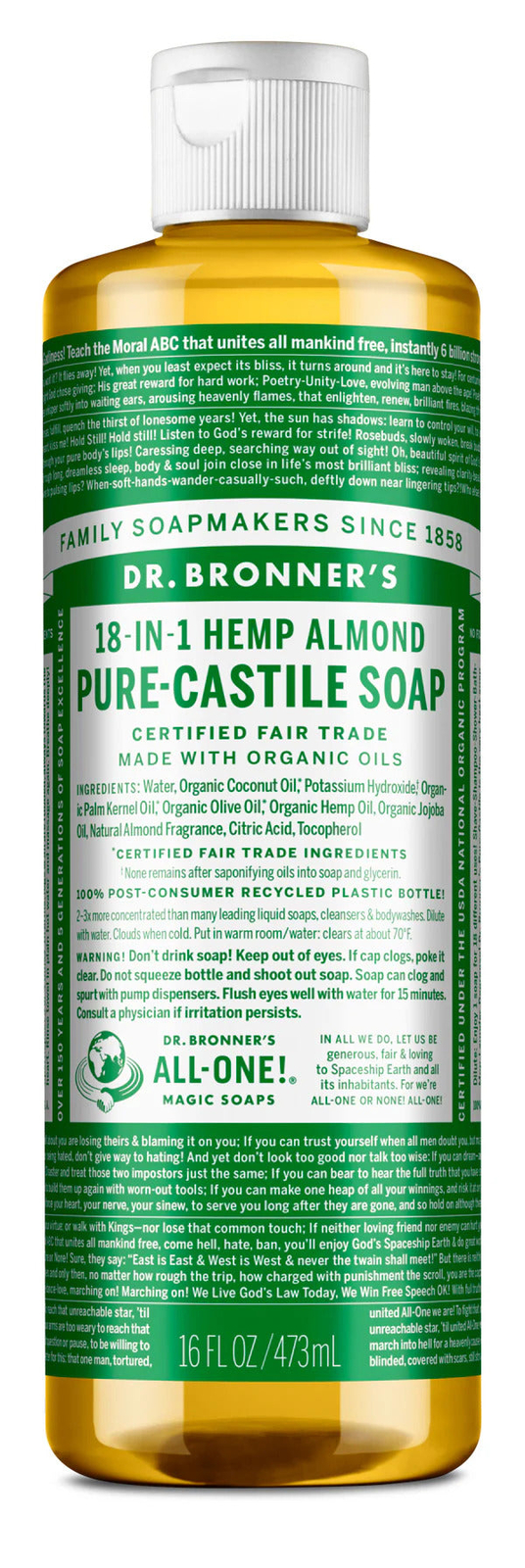 Dr Bronner’s 18-In-1 Hemp Almond Pure-Castile Soap 16fl oz 473ml