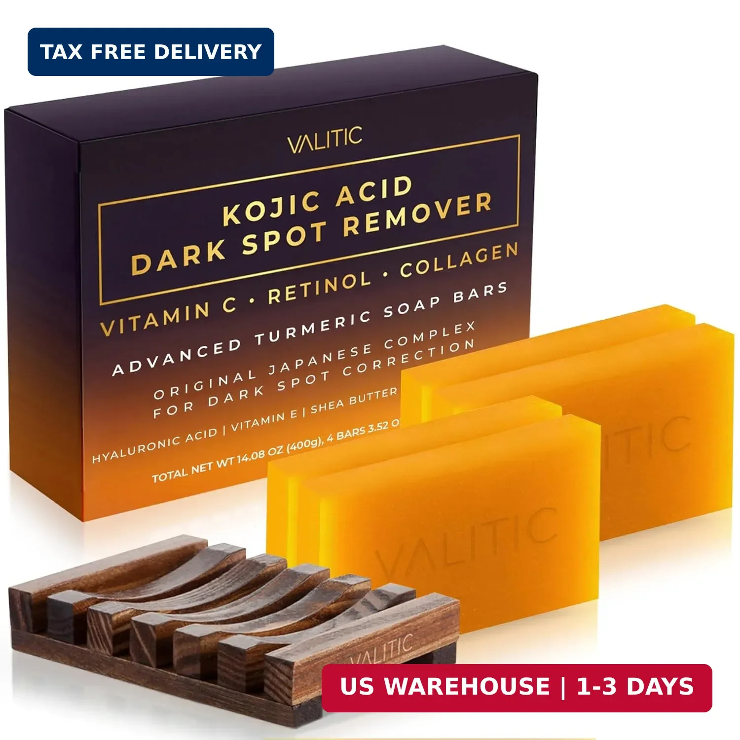Valitic Kojic Acid Dark Spot Remover Soap Bar with Vitamin C, Retinol, Collagen,