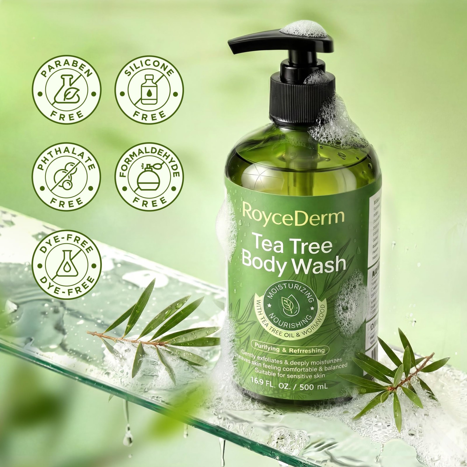 Roycederm Tea Tree Body Wash & Soap, Purifying 16.9 Fl Oz (Pack of 1), green