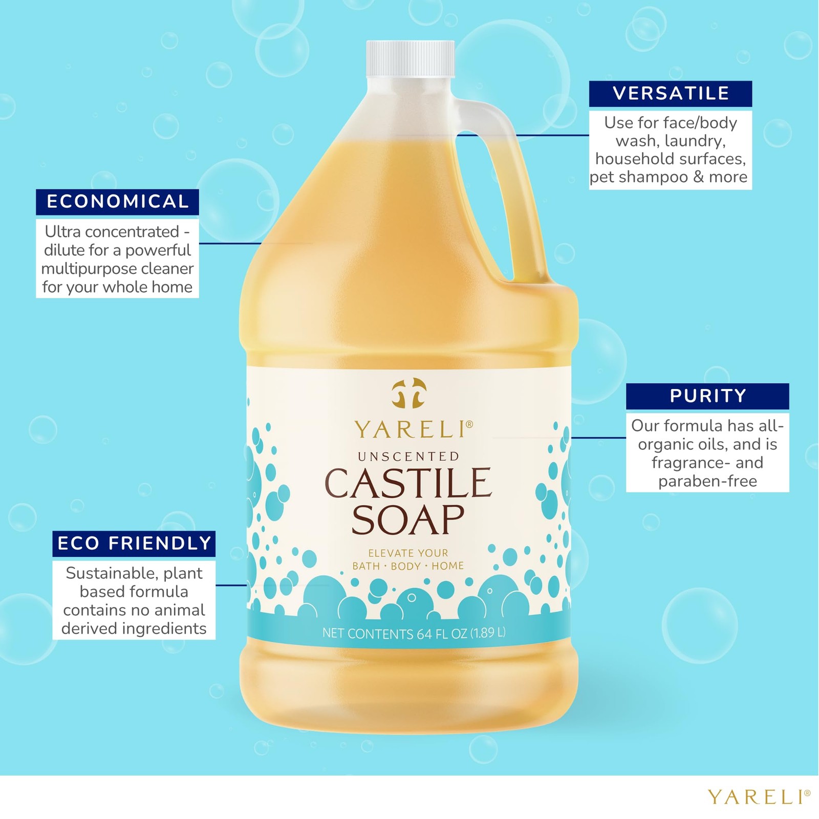 YARELI Pure Castile Soap Liquid Unscented 64oz – EWG 64 Fl Oz (Pack of 1)
