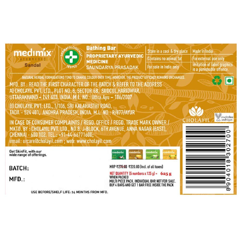 5 X Medimix Ayurvedic Sandal Bathing Soap Bar with Eladi Oil – 125g -Free Ship