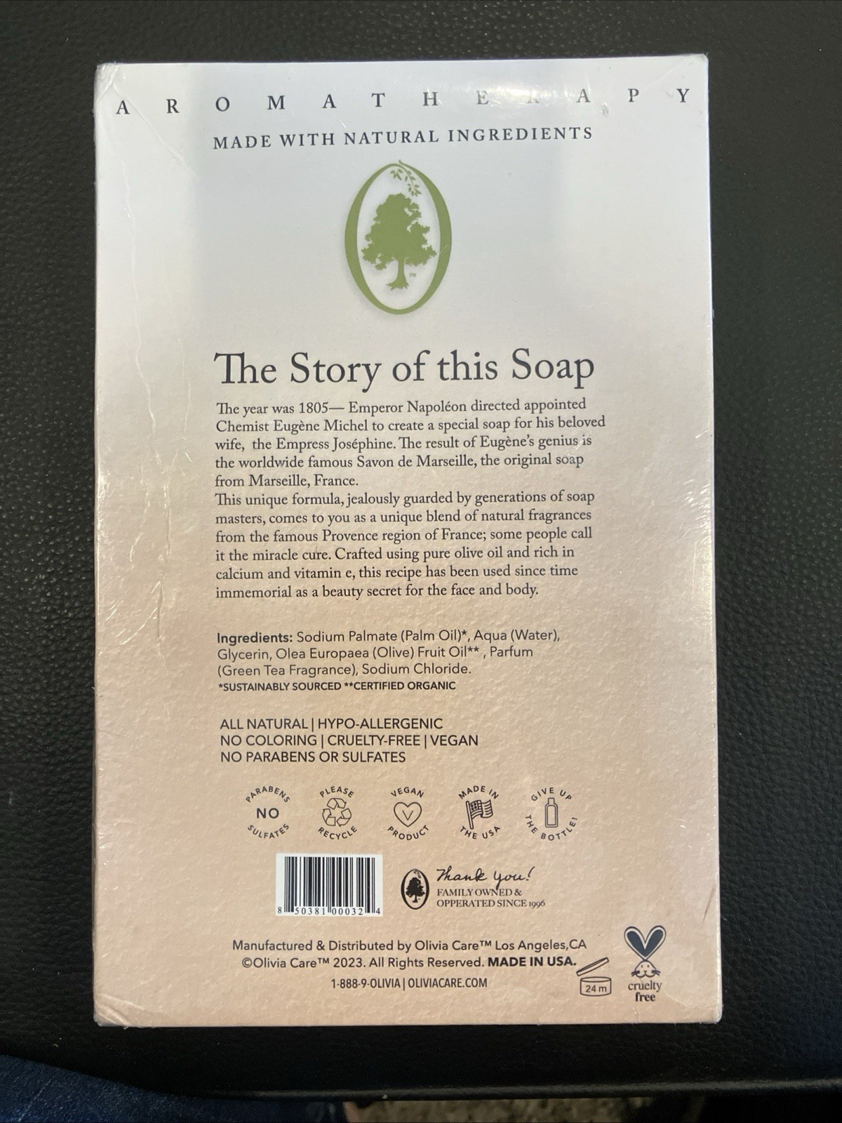 Olivia Care GREEN TEA  & OLIVE OIL Bar Soap, Organic, Natural ingredients 5 oz