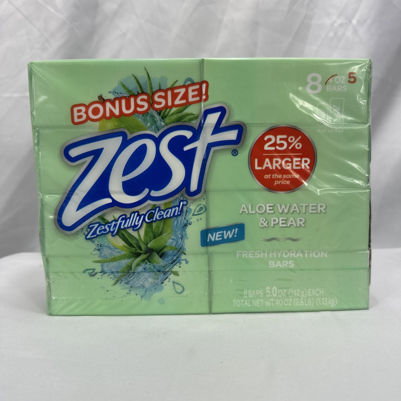 Zest Aloe Water & Pear Fresh Hydration Bar Soap 8 Pack 5 oz Bars New Sealed