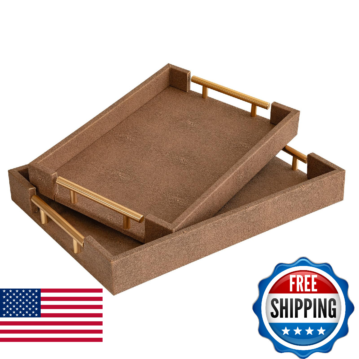 UPPER DECOR Set of 2 Decorative Tray Brown Shagreen Leather Tray, Modern Rectang