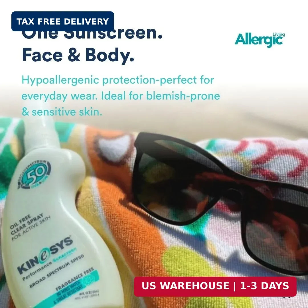 KINeSYS Fragrance Free Clear Spray Sunscreen for sensitive skin, SPF 50, Hypoall