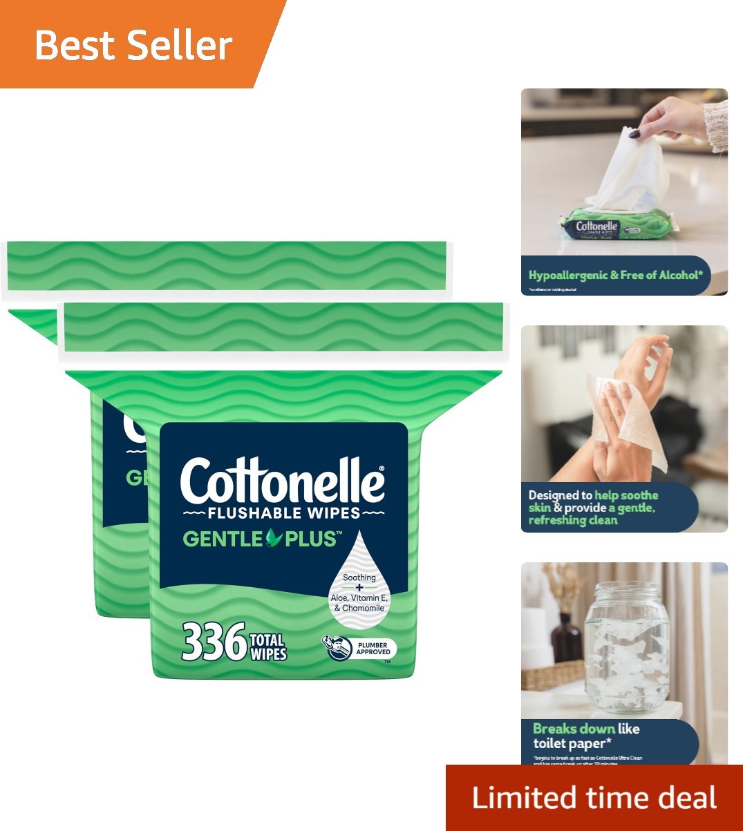Cottonelle GentlePlus Flushable Wipes with Aloe & Vitamin E, 336 Count